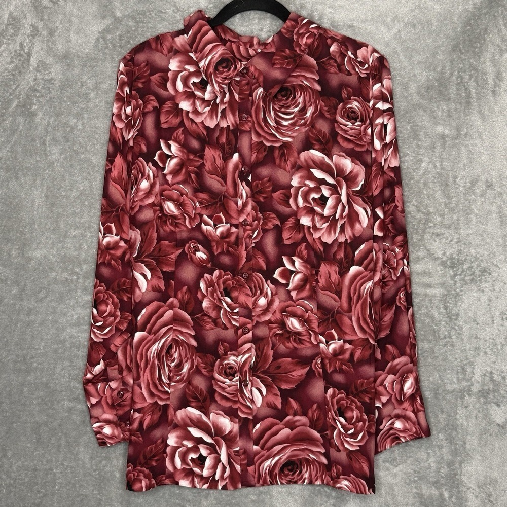 Jaclyn Smith 22W 2X Top Shirt Burgundy Red Floral Button Up Long Sleeve Collared